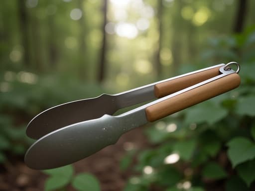 조리용 집게, 주방용품, 숲속, 아침 이슬, 축축한 잎사귀, 안개 낀 분위기, 부드러운 확산 빛, 현실적인 그림자