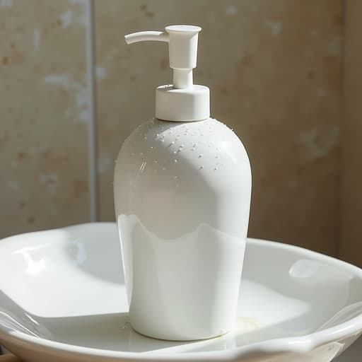 유기적인 곡선 표면 위의 욕실 액세서리인 샴푸 디스펜서, 부드러운 환경 조명, 자연광