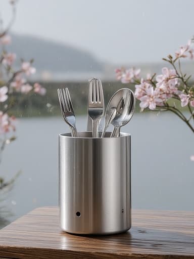 수저통, 봄비로 젖은 나무 실외 테이블, 벚꽃이 흩날리는, 흐린 하늘, 부드럽고 자연스러우며 온화한