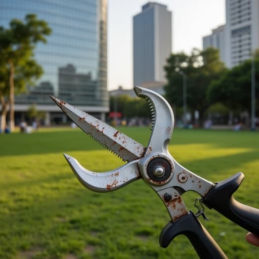 정원 가위, 야외 레저, 도구, 정원, 현대적인 도시 공원 배경, 잔디, 나무, 부드러운 저녁 햇빛, 부드러운 바람