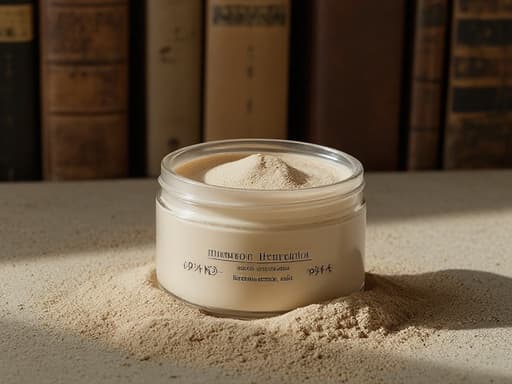 미네랄 파운데이션, 화장품, 유리 병, 빈티지 앤티크 숍, 부드럽고 따뜻한 조명, 미세한 결함, 진짜 같은 분위기