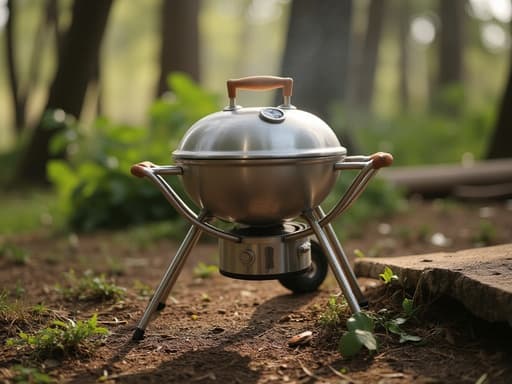 야외용 그릴, 운동, 레저; 아침 이슬, 숲속 배경, 부드러운 햇빛, 나무 그림자; 상쾌한 공기, 세밀한 질감
