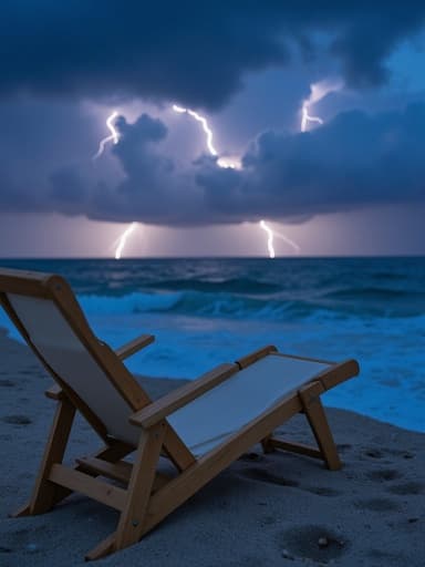해변 의자, 야외, 레저; 폭풍우가 치는 밤하늘, 멀리서 번개가 번쩍이는 모습, 역동적인 구름 형성, 바다 물보라; 극적이며 강렬하고 분위기 있는
