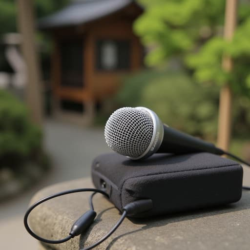 마이크, 전자, 주변기기, 전통적인 요소가 있는 고요한 일본식 정원, 고요한, 평화로운, 극사실주의