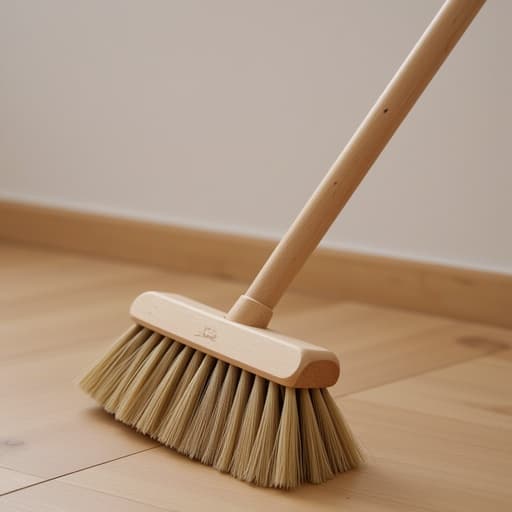 바닥 솔, 청소도구, 안개가 자욱한 아침, 부드러운 자연광 확산, 부드러운 그림자