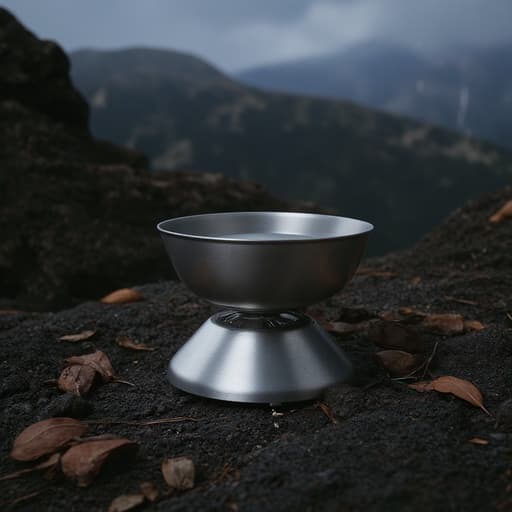 캠핑 버너, 야외 장비, 요리 기어, 바위 지면, 흩어져 있는 마른 잎들, 번개가 치는 야간 폭풍 하늘, 극적이고 강렬한 분위기