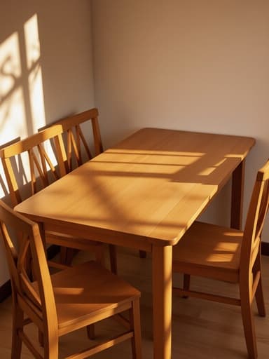 4인 식탁, 가구, 황금빛 노을이 비치는 공간, 따뜻한 분위기