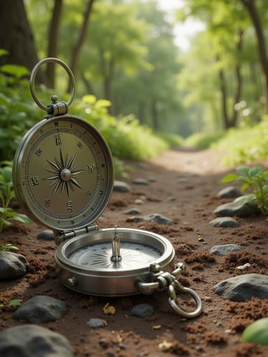 하이킹 나침반, 여름 숲속 오솔길, 자연스러움, 야외, 모험적인