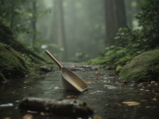 쓰레받기, 청소도구, 금속, 숲 바닥, 비에 젖은, 흩어진 잎, 반짝이는 젖은 표면, 평화로운, 자연스러운, 축축한