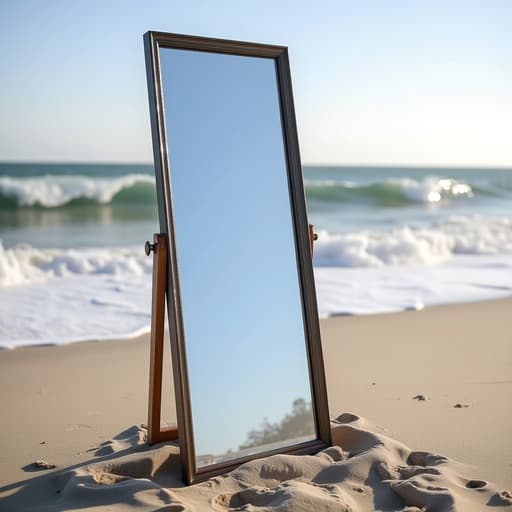 전신 거울, 가구, 반사 표면, 모래 해변, 몰아치는 파도, 미묘한 바닷바람 효과