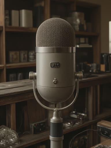 마이크, 전자 주변기기, 목조 골동품 상점 설정, 따뜻한 분위기의 조명, 부드러운 그림자, 약간의 반사