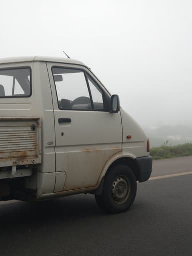 소형 픽업 트럭, 자동차, 이동수단, 안개가 자욱한 아침, 희미한 배경, 흐릿한 수평선, 부드러운 자연광, 부드러운 색조