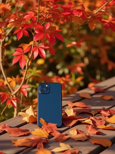 스마트폰, 디지털 기기, 전자 장치, 가을 정원, 떨어진 잎사귀, 생생한 빨간색과 주황색 잎, 차분한, 고요한, 자연스러운