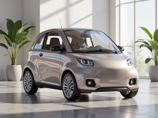 소형 전기차, 차량, 이동수단, 한낮의 밝은 실내, 햇빛이 비치는 하이라이트, 자연스러운 그림자, 초고실사, 자연광, 평온함