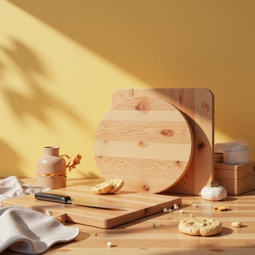 도마, 주방용품, 나무, 오후의 따스한 햇살, 햇살이 비치는 주방 분위기, 아늑하고 따스하며 초대하는 분위기