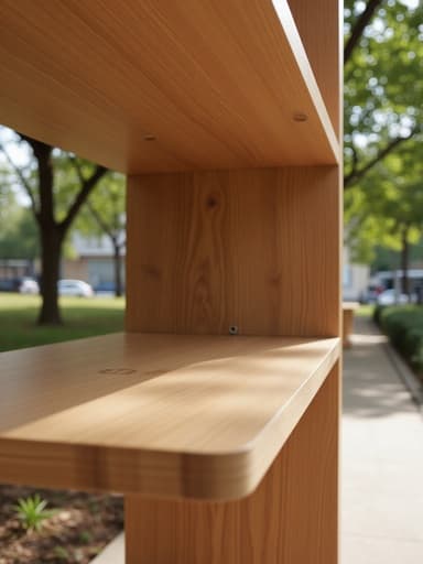 나무 선반, 가구, 선반, 현대적인 도시 공원 환경, 도시 자연과 통합됨