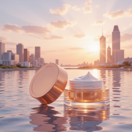 선케어 크림, 화장품, 황혼의 도시 풍경, 먼 고층 빌딩, 해 질 녘의 빛, 따뜻한 색조, 고요한 분위기