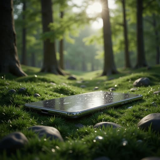 스마트폰, 디지털 기기, 아침 이슬이 맺힌 숲속, 아침의 분위기