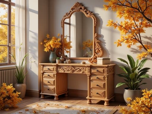 화장대, 가구, 나무, 거울, 단풍이 물든 가을 정원, 황금빛 잎사귀, 부드러운 햇빛, 따뜻한 분위기