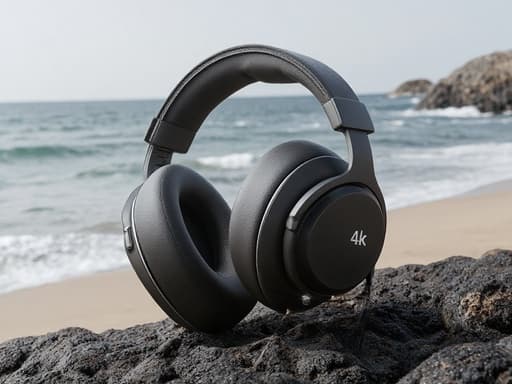 해변의 파도가 몰아치는 곳에 있는 헤드셋, 전자 주변기기, 다이내믹하고 고요한 분위기