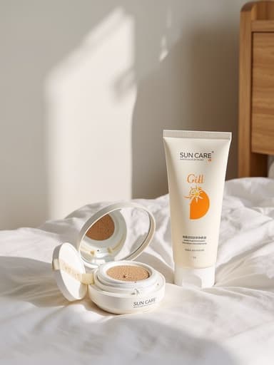 선케어 쿠션, 화장품, 북유럽 스타일 거실의 미니멀리스트 가구와 자연광