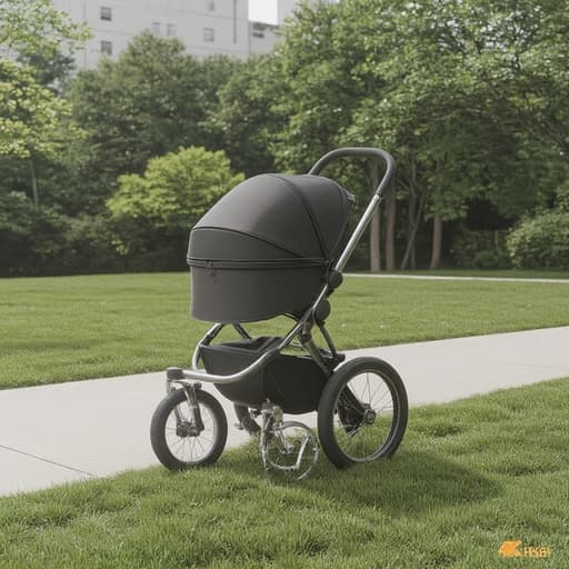 절충형 유모차, 모던한 도시 공원, 부드러운 아침 햇빛
