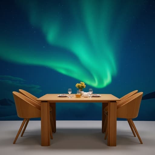 4인용 식탁, 가구, 오로라 밤하늘 배경, 부드러운 분위기