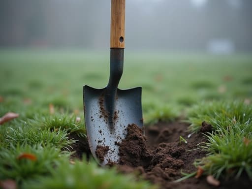 정원 삽, 야외 장비, 안개가 자욱한 아침, 안개 낀 공기, 이슬 맺힌 잔디, 부드러운 산란된 빛, 포토리얼리스틱, 자연스러운 질감