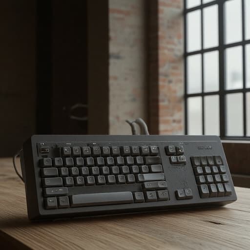 유선 키보드, 전자 주변기기, 사무용 장비, 로프트 스타일 아파트, 드러난 벽돌 벽, 큰 창문, 자연광, 산업 분위기, 부드러운 그림자, 사실적