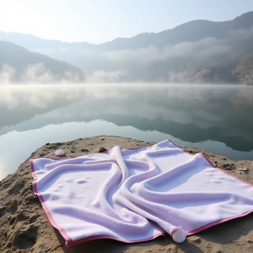 해변 수건, 야외 레저, 물안개가 피어오르는 호수, 고요한 분위기