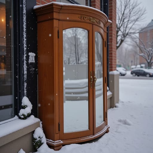 수납 거울장, 가구 겨울 거리, 부드러운 눈 부드러운 자연광, 따뜻한 빛, 부드러운 분위기