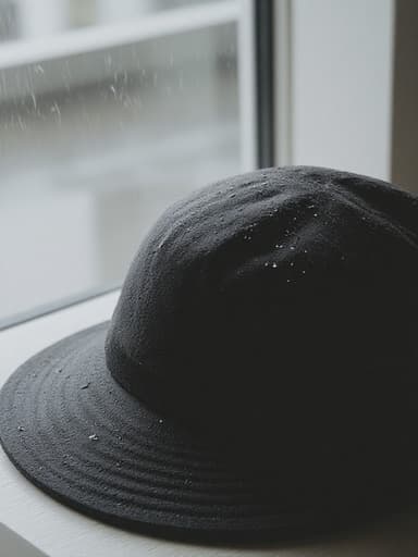 모자, 야외 패션, 창문을 따라 떨어지는 빗방울, 부드러운 초점, 부드러운 그림자, 자연광, 높은 세부 사항