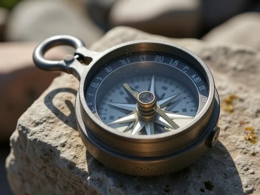 나침반, 야외, 액세서리, 유기적 곡선, 매끄러운 바위 질감, 미묘한 이끼 디테일, 필터링된 햇빛, 사진 같은 사실성, 자연광, 높은 디테일