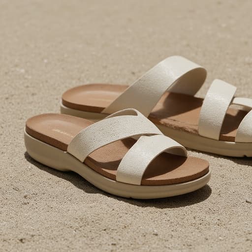 해변 샌들, 부드러운 선, 햇빛 아래, 따뜻한 색조