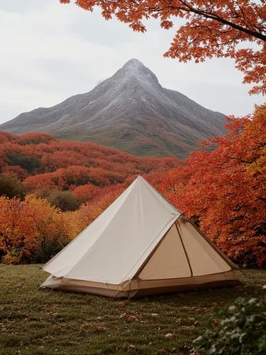 캠핑 텐트, 생생한 단풍의 가을 산, 빨간색과 주황색의 색조, 평화로운, 자연스러운