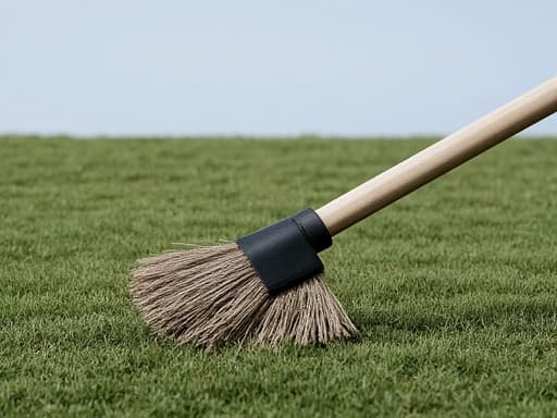 고무 빗자루, 청소 도구, 푸른 잔디밭, 맑은 하늘, 밝은 대낮, 부드러운 바람