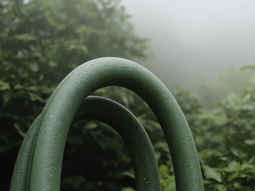 정원 호스, 실외 장비, 이른 새벽 안개 낀 정원, 안개에 싸인 녹음, 천상의 조명, 평온한 분위기, 부드러운 그림자