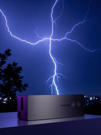 외장 SSD, 전자, 액세서리, 짙은 파랑과 보라색 번개가 치는 밤하늘, 먼 번개의 부드러운 빛, 극적인, 에너제틱