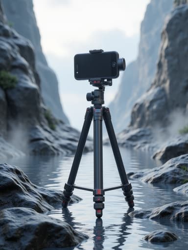 안개 낀 계곡에 있는 스마트폰 삼각대, 평화롭고 신비로운 분위기