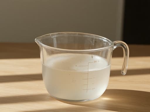 계량컵, 주방용품, 유리제품, 나무 주방 조리대, 따뜻한 오후 햇살, 자연스러움, 따뜻함