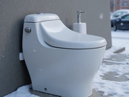 비데, 욕실 기기, 개인 위생, 도시의 겨울 거리, 눈 내리는 중, 자연광