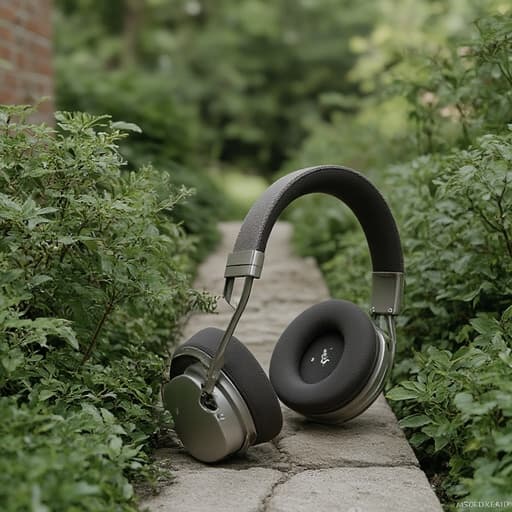 고요한 분위기의 영국식 정원에 있는 헤드셋, 전자, 주변기기