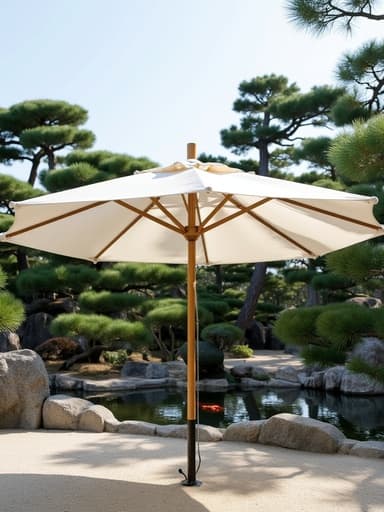 해변 파라솔, 아웃도어 레저, 액세서리, 전통 일본식 정원, 고요한, 평화로운, 자연광, 오후 설정