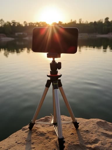 스마트폰 삼각대, 디지털 기기, 사진 액세서리, 호수 근처, 황금빛 노을, 먼 나무 실루엣, 따뜻한 빛, 고요한 분위기