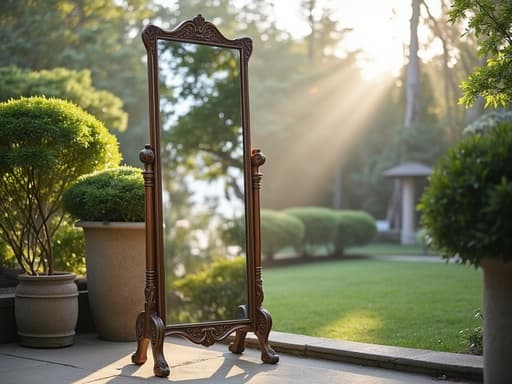 전신 거울, 가구, 새벽 안개가 낀 정원, 고요한