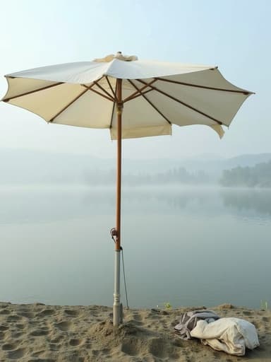 해변 우산, 실외 장비 안개 낀 호수, 평온하고 고요한 분위기