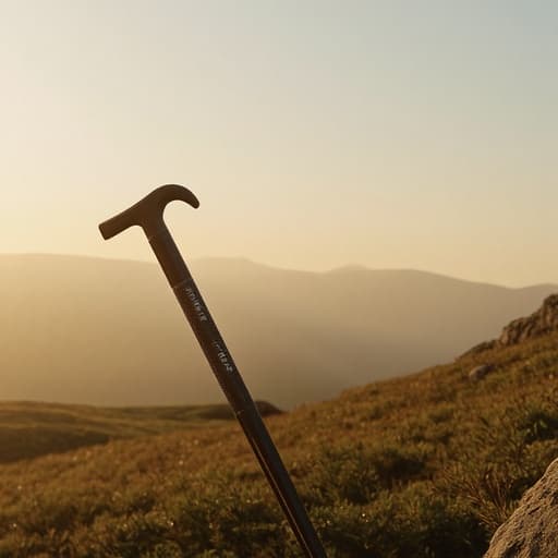 하이킹 스틱, 아웃도어 장비, 일몰의 황금빛, 자연 설정, 부드러운 그림자, 포토 리얼리스틱
