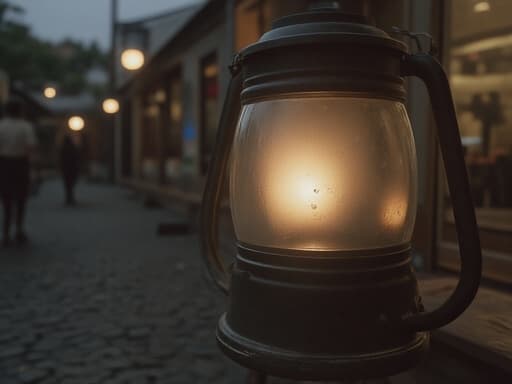 캠핑 랜턴, 야외 장비, 랜턴, 조명. 어둑한 야시장 설정, 목재 가판대, 전구 조명이 머리 위로, 자갈길. 저녁의 분위기 있는 빛, 자연 그림자.