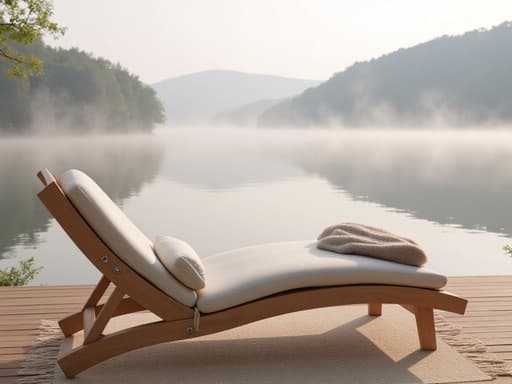 라운지 체어, 가구, 물안개가 있는 호수, 고요한 분위기