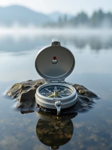 하이킹 나침반, 아웃도어 장비, 안개가 피어오르는 호수, 흐릿한 아침 빛